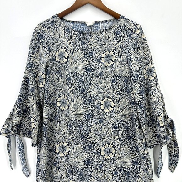 Morris & Co X H&M Dress Womens 3/4 Sleeve Tunic Floral Round Neck Blue Cream 4 - Picture 3 of 11